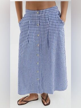 River Island Blue Gingham Button-Front Midi Skirt